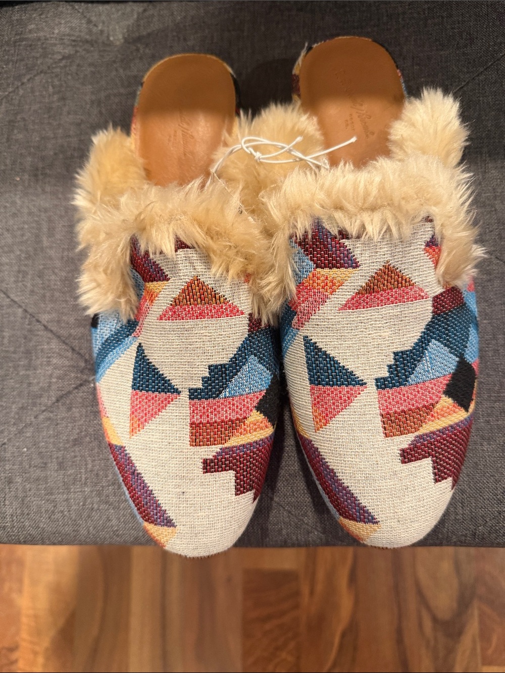Universal Thread Faux Fur-Trim Multicolor Geometric Mules